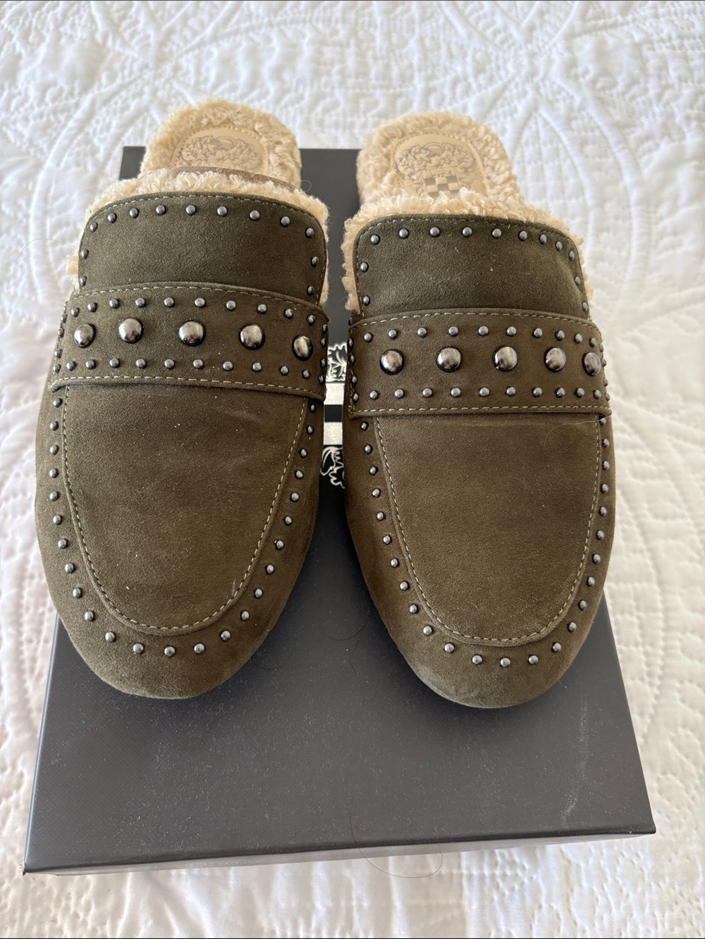 Vince Camuto Agave Green Suede Studded Slip-On Mules